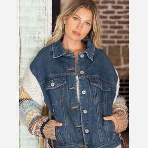 Cardigan Sweater Denim Jacket – Relaxed Fit with Colourful Knit Sleeves